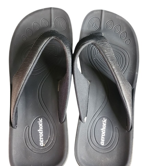 Aerothotic‎ Women's Flip Flops Comfort Thong Sandals Footbed Black Silver - Picture 2 of 4